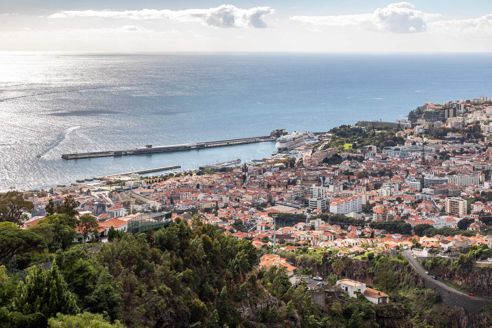Funchal from the Botanical Garden, red roofs running down to the harbour pier and the sea