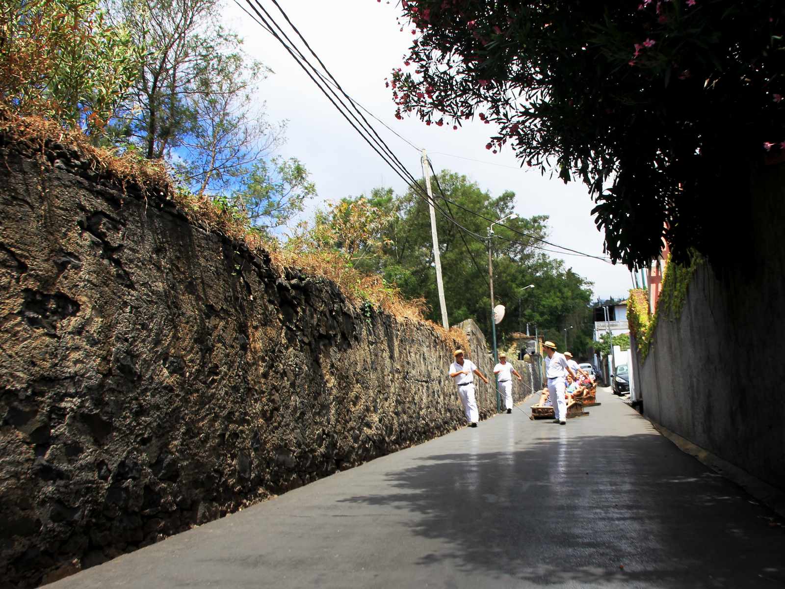 Two carreiros in white steering a wicker toboggan with passengers down a walled lane at Monte