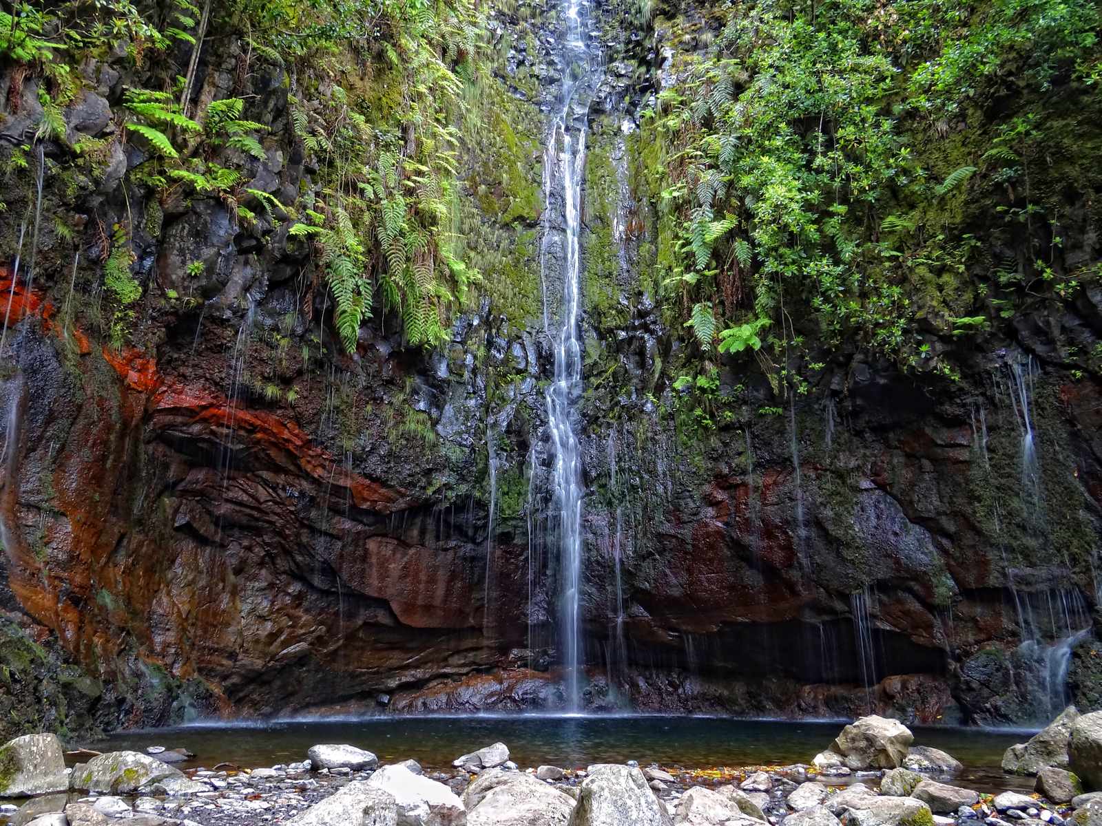 The 25 Fontes pool, a tall waterfall and many small streams running down a fern-covered rock wall